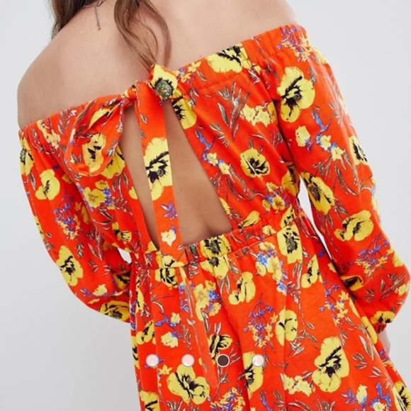 ASOS Tangerine Orange Floral Off Shoulder Midi Dress Size 0 - Picture 4 of 8